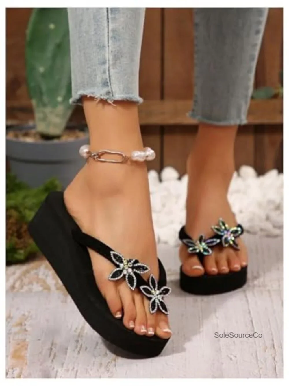 Wedge Flip Flops Sandals Sparkly Rhinestone Flower Appliques Open Toe